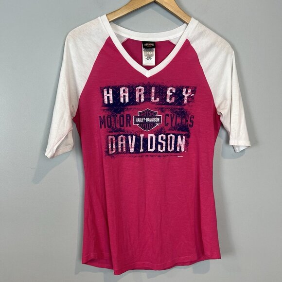 Harley Davidson Ringer T Shirt Women's Size Medium Freeport Bahamas Pink V Neck - Picture 1 of 8
